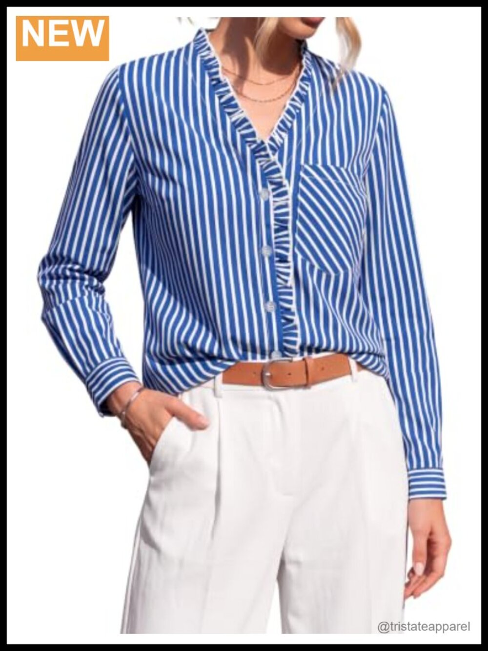 Womens Striped Button Down Blouse Silky Wrinkle Resistant Long Sleeve V Neck